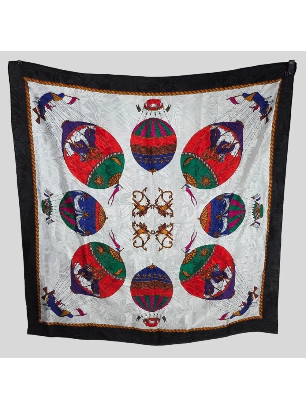 Vintage Hot Air Balloon & Cherub Silk Scarf Black Border White Gold 34